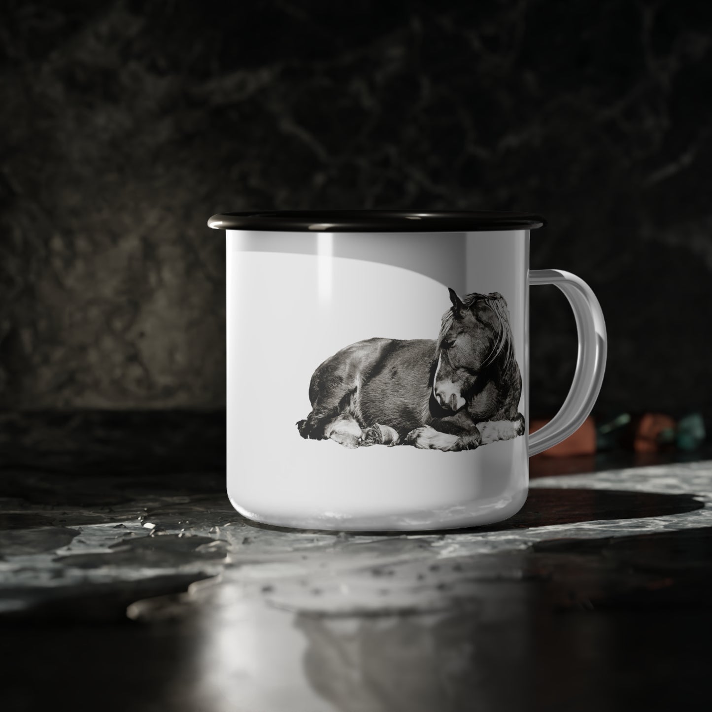 Black & White Horse Enamel Camp Cup Western Coffee Cup Cowboy Mug