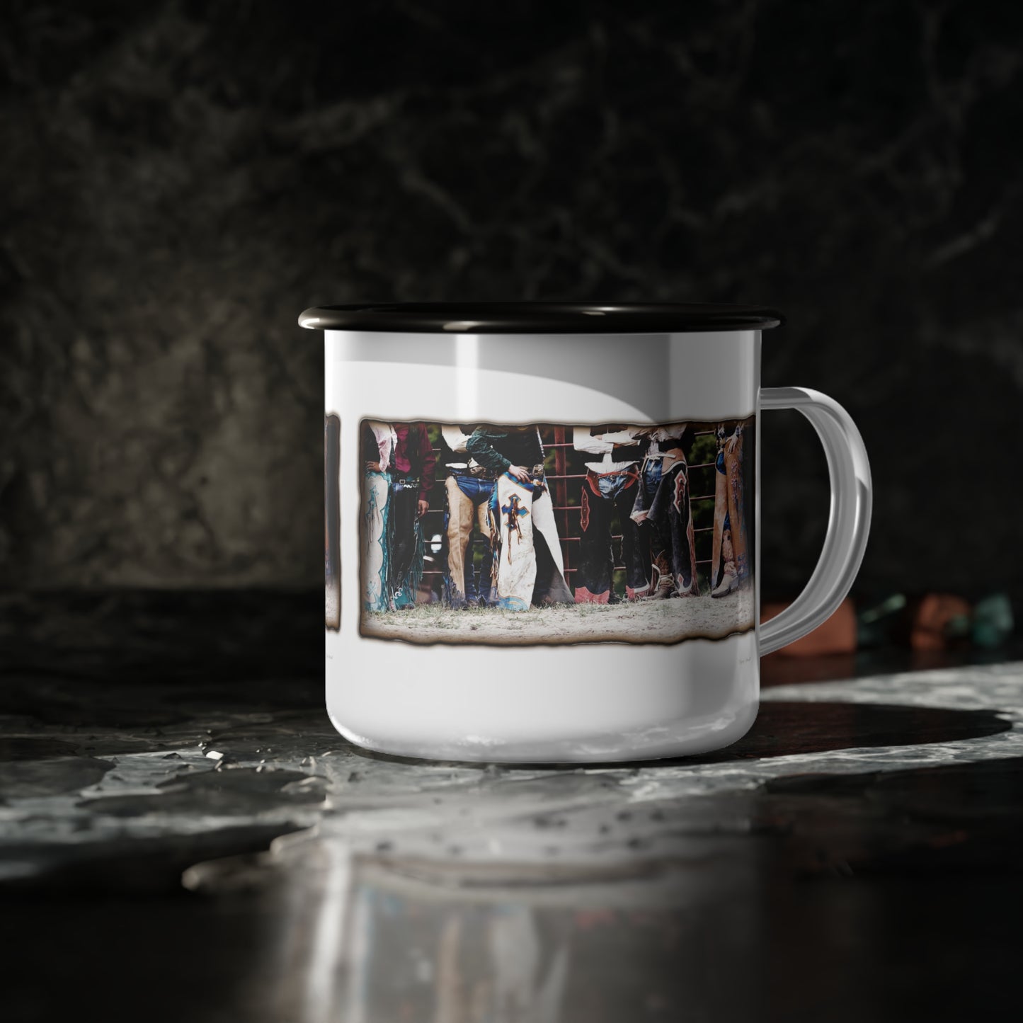 Boots, Chaps Enamel Camp Cup Rodeo Coffee Cup Bull rider gift