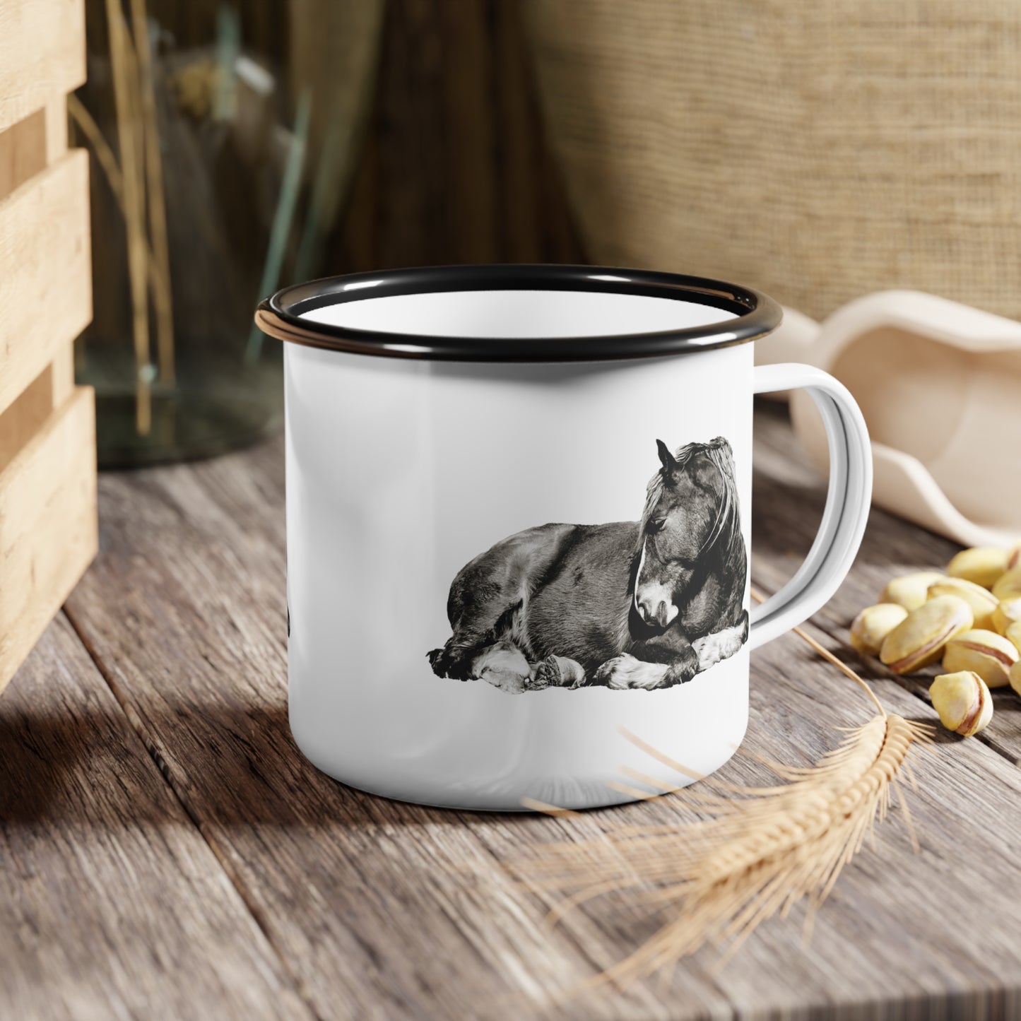 Black & White Horse Enamel Camp Cup Western Coffee Cup Cowboy Mug