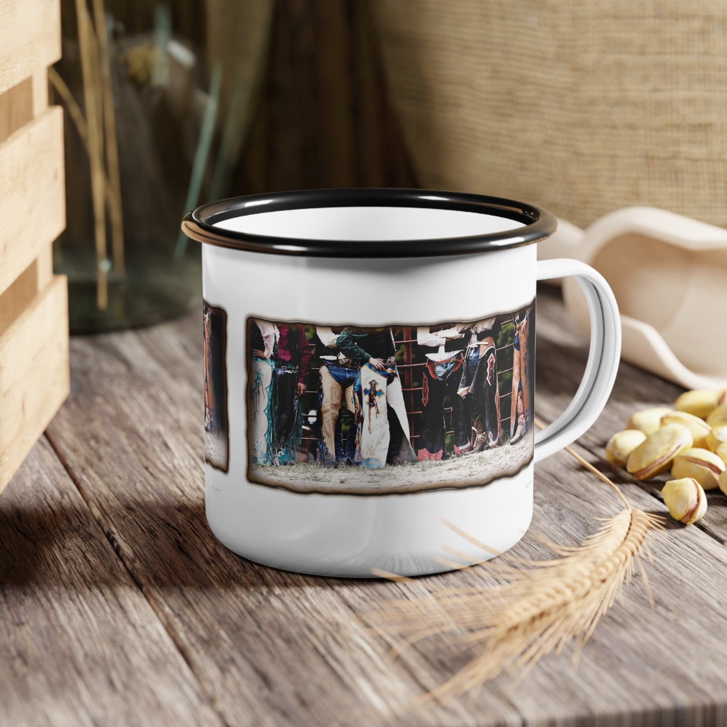 Boots, Chaps Enamel Camp Cup Rodeo Coffee Cup Bull rider gift