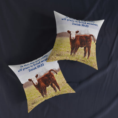 Hereford Baby Cow Bible Quote Farmhouse Decor Square Pillow - White Back